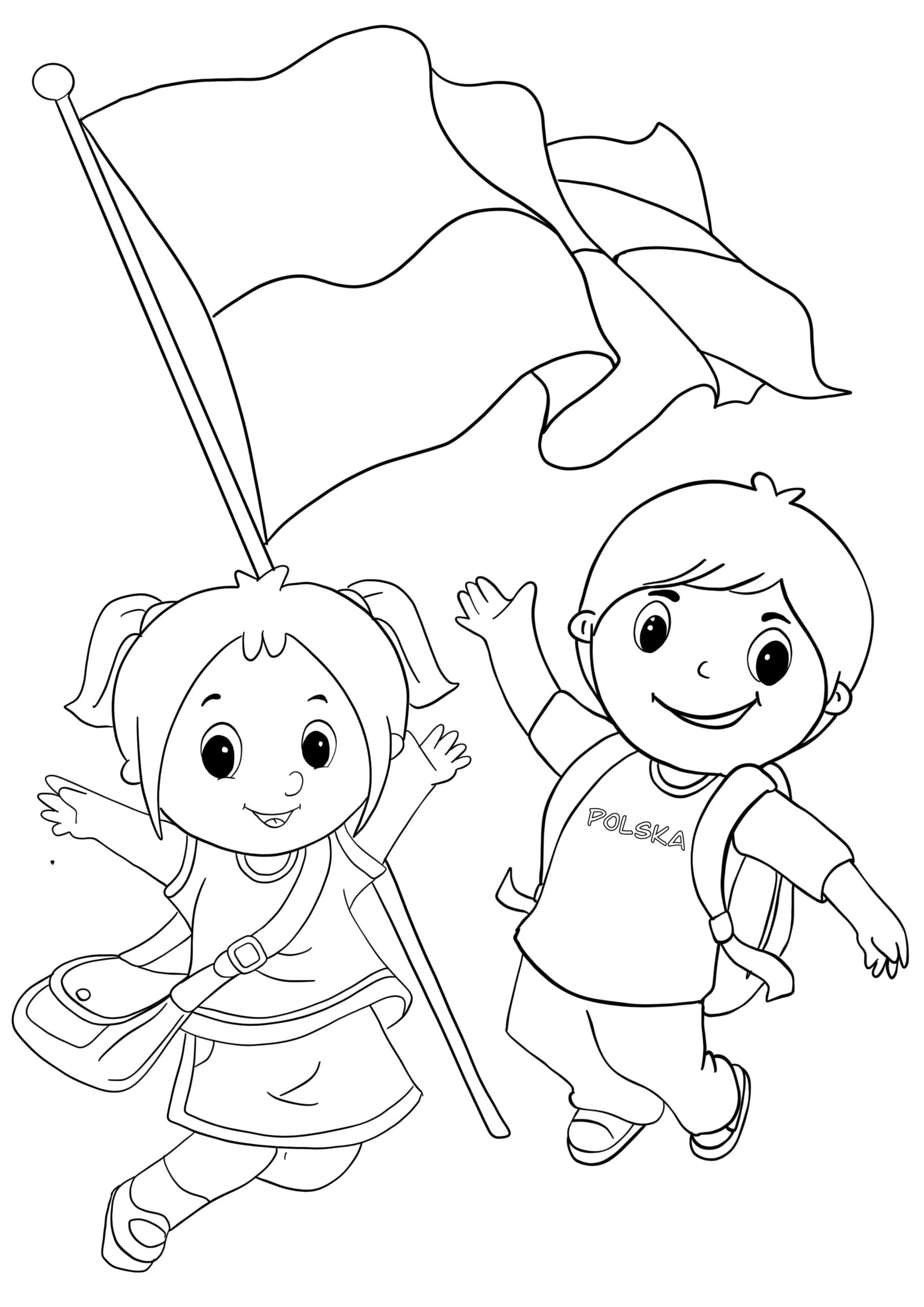 Coloring book boy and girl with a large Polish flag